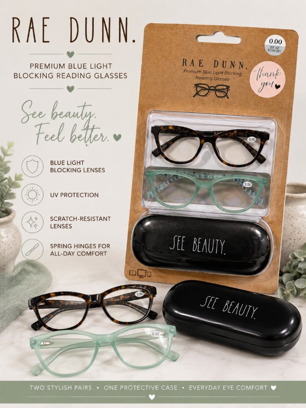 Rae Dunn Blue Light Blocking Glasses 2 Pair Tortoise Mint + Case 0.00 NWT